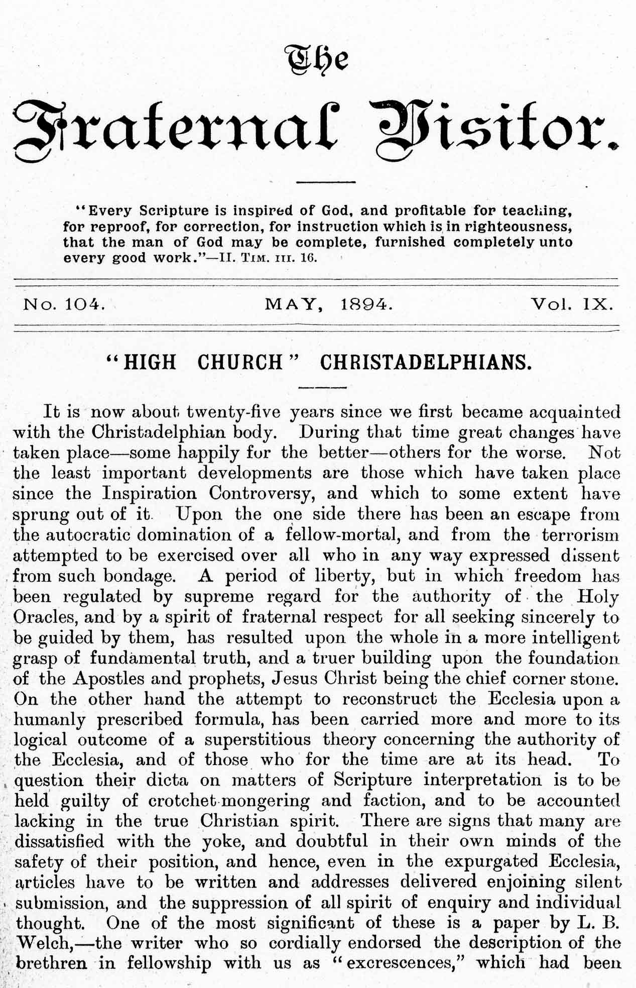 High Church Christadelphians, The Fraternal Visitor, May 1894, Page 129