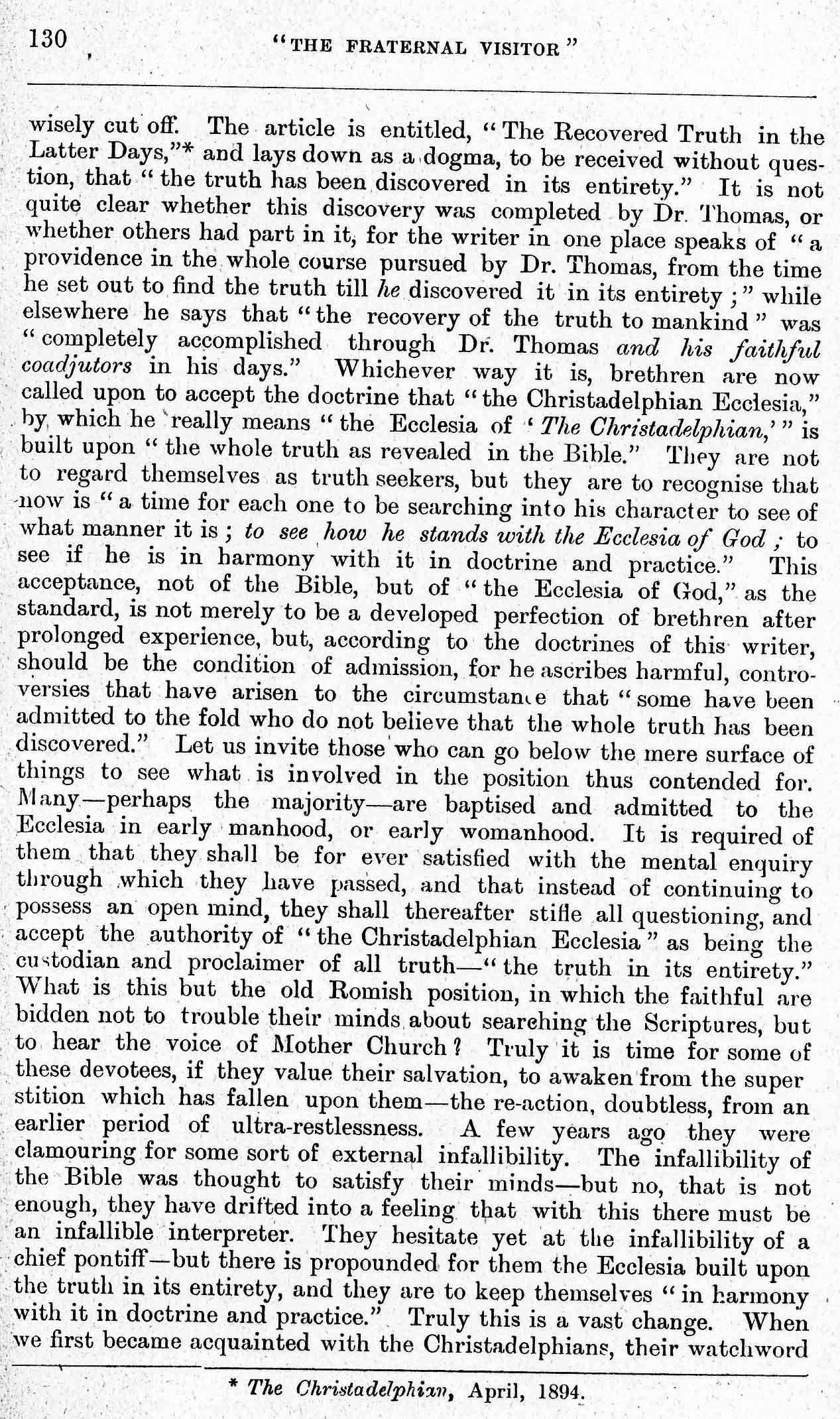 High Church Christadelphians, The Fraternal Visitor, May 1894, Page 130